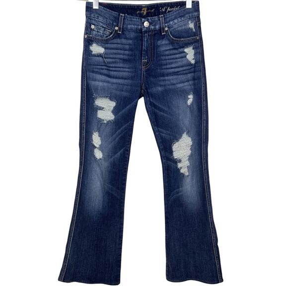 7 For All Mankind “A” Pocket Low-Rise Bootcut Jeans 26 Distressed Dark Wash - Picture 1 of 6